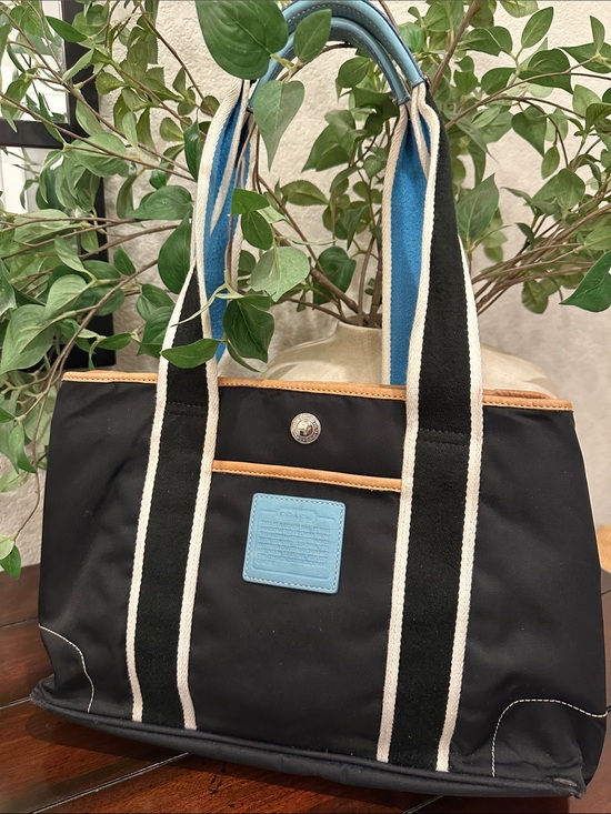 Coach Handbags - Coach Black Canvas Tote with Blue Accents and Tan Trim